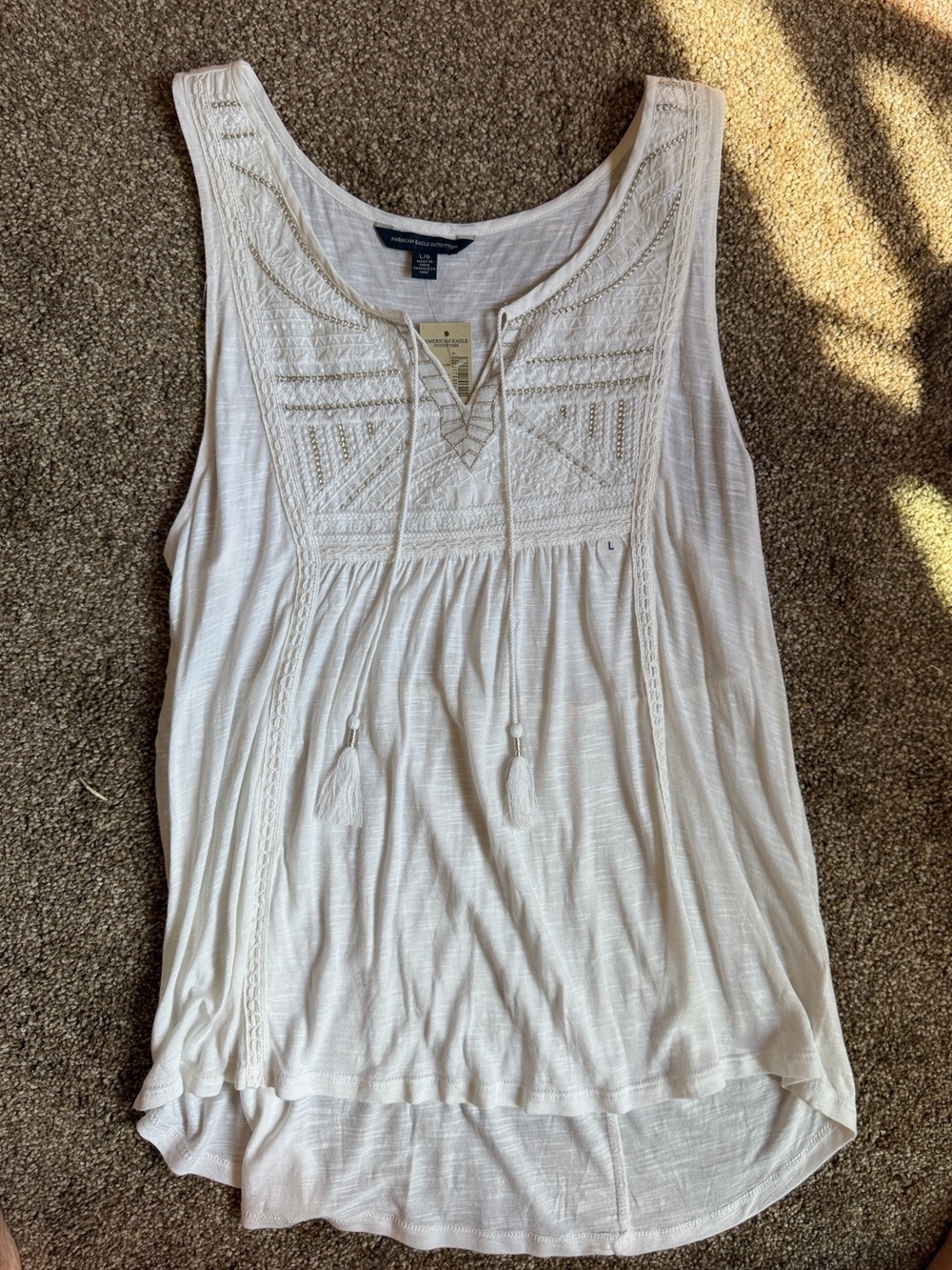 American Eagle Outfitters White Embroidered Tie-Front Tank Top NWT- Women